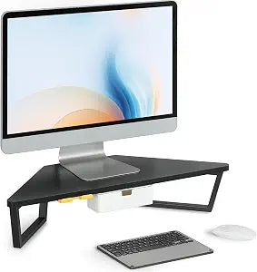 TEAMIX Corner Monitor Stand with Drawer and Phone Holder, 26x12.6x5.3in