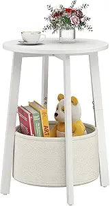 sthmec Small Round Side End Table with Cloth Storage Basket, Round Bedside Sofa Couch Coffee Tables for Small Places with Metal Frame, Modern Nighstands for Living Room Bedroom,White