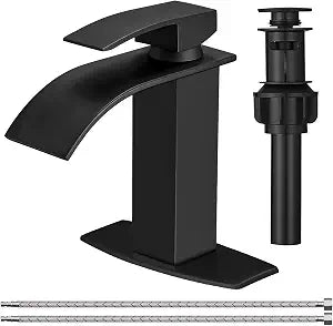 BESy Bathroom Faucet 1 Hole Single Waterfall Vanity Sink Faucet Matte Black