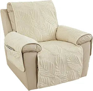 Qubjus Recliner Chair Covers, Velvet Jacquard Couch Cover with Pocket and Elastic Straps Washable 1-Piece Soft Furniture Protector (Recliner, Beige)