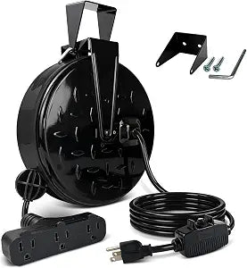 EP 30 Ft Retractable Extension Cord Reel, 16/3 SJTW Power Cord, Black