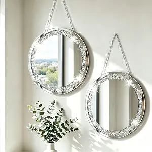 QMDECOR Crystal Crush Diamond Silver Mirror 2 Pack Diameter 12inch Round Shape with Iron Chain Real Glass Mirror for Wall Decor