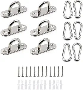 HOMPER 6Pcs M5 304 Stainless Steel Oblong Pad Eye Plate and 6Pcs Carabiner Clips, Marine Hardware Staple Hook Loop with 12 Screws and Plastic Plugs