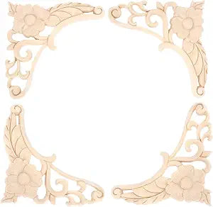 4Pcs Wood Carved Appliques Onlays, Square Carving Decals for Furniture