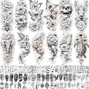 71 Sheets Rose Peony Flower Temporary Tattoos For Women Adults, Black Florals Half Arm Sleeve Realistic Temp Bulk Fake Tattoo Stickers Butterfly Ship Bee Carp Turtle Elephant Whale Spider Web Skull