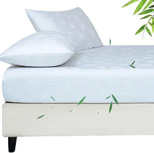 YIYEA 100% Viscose Derived from Bamboo Fitted Sheet with Pillow Cases for Hot Sleepers, 400TC Jacquard Cooling Fitted Bottom Sheet, 16" Deep Pocket, Silky Soft and Breathable, King, White