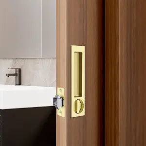 Dontay Pocket Door Handle, Modern Rectangular Keyed Entry Function, (Bed/Bath) Pull Latch, Recessed Sliding Door Hardware for 1 3/8 to 2 3/16 Thickness (Privacy Lock, Satin Brass, 1 Pack)