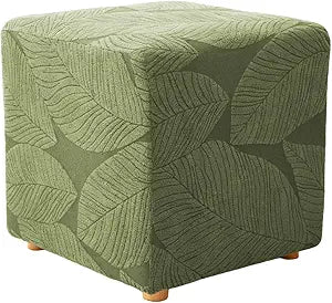 Ottoman Cover Square Stretch Soft Folding Storage Ottoman Slipcovers Leaves Jacquard Cube Footrest Stool Cover Protector with Elastic Band for Living Room Bedroom Set of 1 Olive Green