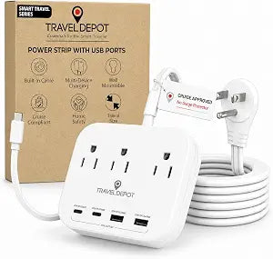 TRAVEL DEPOT Cruise Essentials Flat Plug Power Strip, Durable 5 ft Extension Cord w/ 3 Outlets Extender & Built-In Type C Cable, 2 USB & 2 USB-C Ports, No Surge Protector for Cruise Travel, Dorm, Home