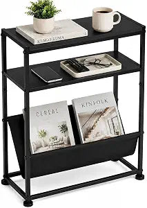 Narrow End Table for Small Spaces - Slim Side Table with Magazine Holder,2 in 1 Design Narrow Coffee Table Living Room,Skinny Bedroom Nightstand Thin Side Magazine Table,Black