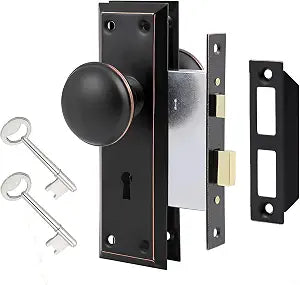 Mortise Lock Set Interior Door with Vintage Door Knob Old Door Knob Replacement, Fits 1-3/8 to 1-3/4 Doors, Rustproof Zinc Alloy & Skeleton Key, Oil Rubbed Bronze