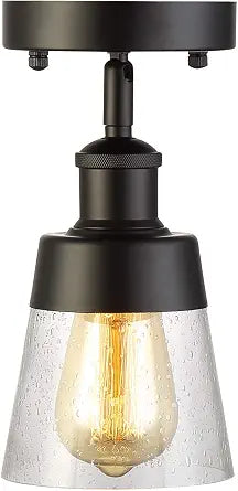 Fivess Lighting Industrial Glass Semi Flush Mount Ceiling Light, Black, 9.45x4.72x4.72 inches, Seeded Shade, for Kitchen, Hallway, Bedroom etc.