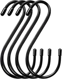 6 Inch S Hooks 4-Pack Large Closet S Hooks for Hanging Plants, Jeans, Pans, Black, Vinyl Coated Steel Metal Rubber