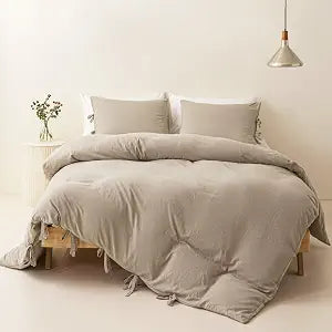 MUKKA Duvet Cover Queen Size 3 Pieces Sets Beige Boho Chic, Tan Khaki Farmhouse Bowknot, Sand Soft & Easy Care Washed Microfiber Cream Bohemian Bedding Sets with Ties