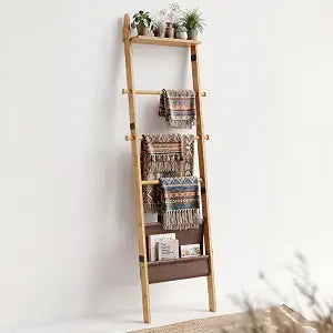BAMBANG 71" 4-in-1 Blanket Ladder for Living Room, 5-Tier Leaning Bamboo Decorative Towel & Quilt Rack with Magazine Leather Pocket, 4 Detachable Hanging Bars, Space-Saving Shelf for Bedroom (Natural)
