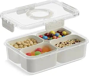 Snackle Box Container, Upgrade Dishwasher,Safe Snack Box for Adult Kids, 4 compartments Plastic Divided Serving Tray with Lid and Handle for Candy, Fruits, Snacks, Nuts,Small,White,1 Pack