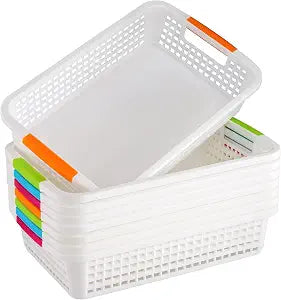 Lawei 8 Pack Plastic Storage Basket with Handle - 12 x 7.6 x 2.6 inch Pantry Organizer Basket Bins Shelf Baskets for Organization, Countertops, Cabinets, Bedrooms, Bathrooms