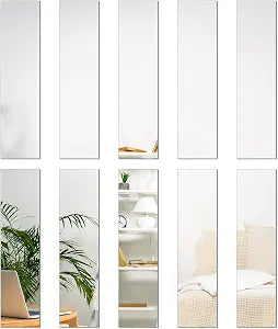 Mirror Tiles, 2''x8'' Mirror Tiles Self Adhesive Stripe Wall Mirror Stickers Removable Long Acrylic Frameless Mirror Sheets for Home Living Room Bedroom DIY Decor (10Pcs) (Sliver)