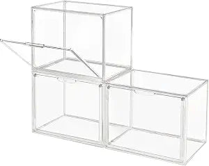 GUDEMAY Clear Stackable Plastic Storage Bins with Magnetic Lid, Dustproof Book & Cosmetic Acrylic Display Cases, Large Figures Collectibles Showcase, Shoe Box, Protection Organizer (L, Count, 3)