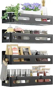 Sevenblue 4-Pack Magnetic Spice Rack for Refrigerator with Hooks, Black