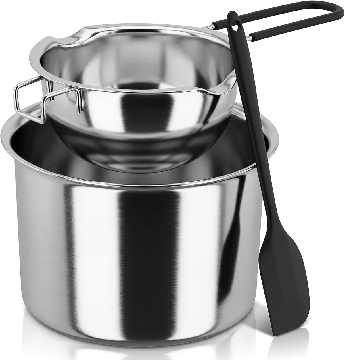 18/8 Stainless Steel Double Boiler Pot Set, 670ml & 1600ml with Silicone Spatula, Dual Pour Spouts Heat-Resistant Handle for Melting Chocolate, Butter, Soap, Wax and More