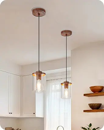 EDISHINE Farmhouse Pendant Light Wood Grain Finish Clear Glass Shade