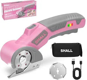 SHALL 4V Cordless Electric Scissors, Rechargeable Cardboard Cutter, Rotary Electric Box Cutter w/Safety Lock, LED Light & Replacement Blade for Fabric, Leather, Carpet, Cardboard & Plastic, Pink/Grey