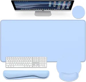 Large Gaming Mouse Pad, Mouse Pads with Wrist Rest Wrist Support, 4in1 Big XXL Desk Mat Desk Pad + Ergonomic MousePad + Memory Foam Keyboard Mat Wrist Rest + Coaster Set for Computer,Sky Blue
