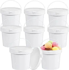 8 Pack Plastic Ice Cream Tub with Lid 80 OZ, 0.6 Gallon Small Bucket with Handle, Deli Storage Containers for Pickles, Food Grade White Freezer Reusable Pail for Kitchen Drinks