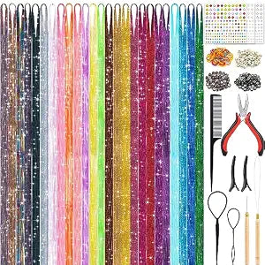 25Colors Fairy Hair Tinsels Kit 5000 Hair Glitter Strands 48Inch Heat Resistant Tinsel Hairs Extension Sparkling Shiny Highlights Hairs Tinsel with Tools for Christmas Halloween New Year Cosplay Party