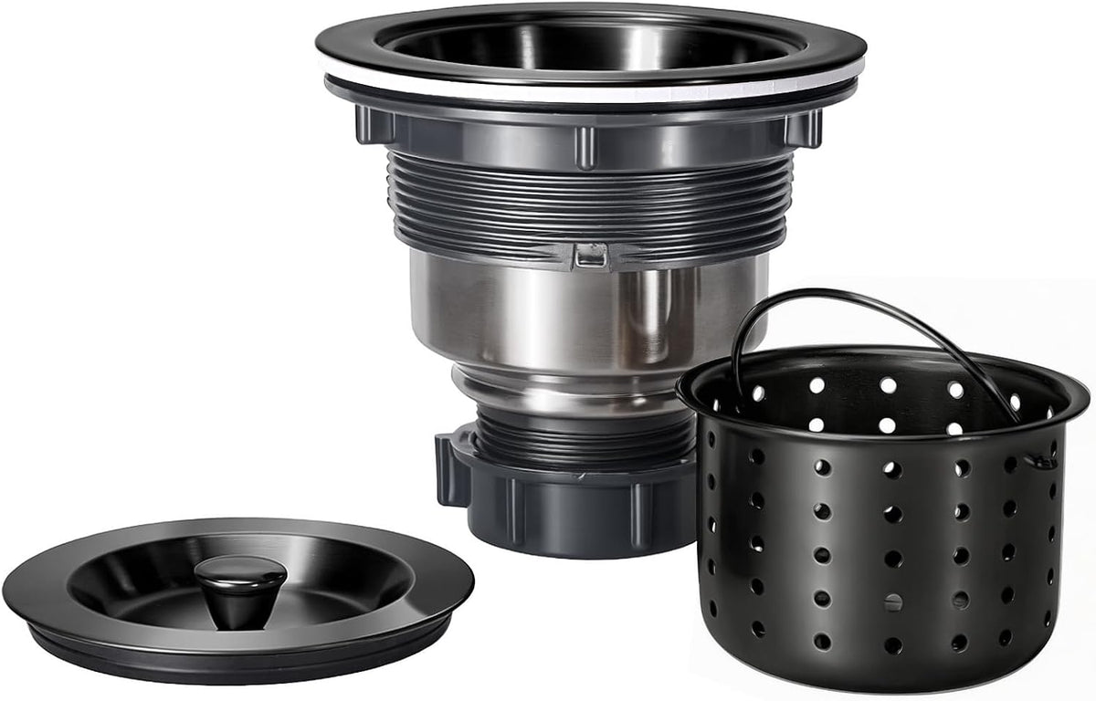 Kitchen Sink Drain 3-1/2 Inch Black Sink Drain Assembly Kit, Removable Deep Sink Strainer Basket with Sink Stopper/Sealing Lid for Home, Kitchen, Stainless Steel