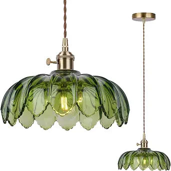 Vintage Green Glass Pendant Light Fixture with Switch, Gold Hanging Lamp for Kitchen Island, Dining Room, Bedroom, Farmhouse, Industrial, Modern Ceiling Lighting, Rustic Flower Lantern
