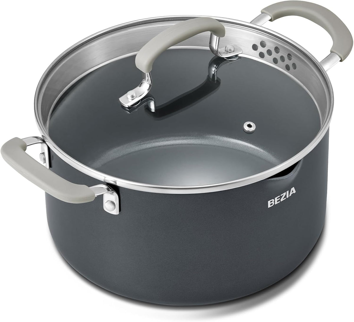 BEZIA 6 Quart Ceramic Non Stick Stock Pot with Strainer Lid & Pour Spout