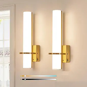 AIJIASI Battery Operated Gold Wall Sconces - 15 Inch Modern Sconce Wall Lighting 3000K-6000K Dimmable LED Wall Sconces Set of Two, Indoor Bathroom Sconce for Living Room Bedroom Hallway Stairway