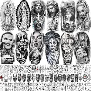 73 Sheets Halloween Chicano Temporary Tattoos For Women Men Adults Cholo Chola, Our Lady of Guadalupe Tattoo Stickers Religion, Chicana Gangster Prisoner Mexico Culture Joker Fake Tattoo Jesus Christ