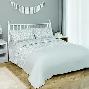 ARTALL Queen Comforter Set, 7 Pieces Bed in a Bag, Botanical Soft Lightweight Bedding Set Queen with Comforter, Sheet Set, Fitted Set, Pillowcases & Shams, Half Leaf and Half Solid Print Design, Grey