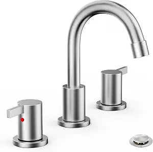Phiestina 3 Hole 8 Inch 2 Handle Widespread Bathroom Faucet with Metal Pop-Up Drain, Brushed Nickel, WF015-1-BN