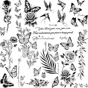 Temporary Tattoo for Women Girls,100+ PCS Large Butterfly Black Tattoos Waterproof Realistic Rose Tattoos Branch Sketch Fake Tattoos Body Art Arm Neck Hands