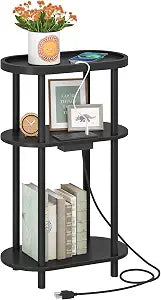 HOOBRO Small Narrow Side Table with Charging Station, 3-Tier Bamboo Narrow End Table, Slim Side Table for Small Spaces, Skinny Oval Nightstand for Living Room, Bedroom, Apartment, Black BB178UBZ01
