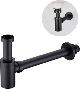Matte Black Round Bottle P-Trap Drain Kit, 1-1/4 Inch Adjustable Wall Mount Basin Waste Pipe, Rust-Proof Brass Waste Drain Replacement for Bathroom Vanity Sinks