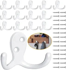 Homanu 14 Pack White Coat Hooks Wall Mounted Double Prong with 28 Screws