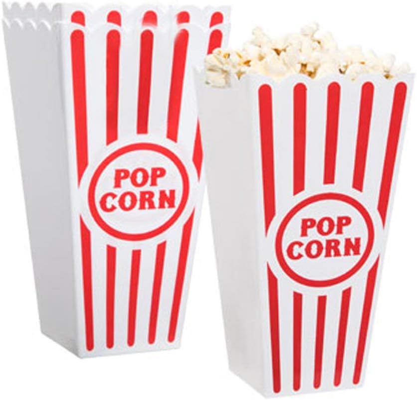 Novelty Place Plastic Red & White Striped Classic Popcorn Containers for Movie Night - 7.8" Tall x 3.8" Top x 2.3" Bottom, 41oz (4 Pack)
