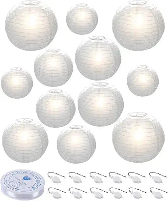 HAUSPROFI 12Pcs White Paper Lanterns with LED Lights Chinese Lanterns Decor
