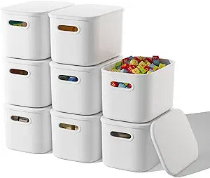 ORGIDOL 8 Pack White Storage Bins with Lids Stackable Storage Container for Organizing, Storage Boxes with Handle for Shelves, Cute Storage Bin for Craft, Snacks, 9.85x6.9x5.7 inch