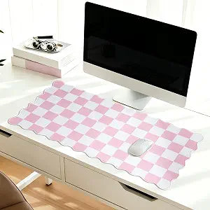 Scalloped Pink Gingham Desk Mat,Cute Writing Makeup Desk Pad,31.5" x 15.7"