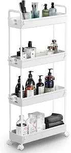 SOLEJAZZ Slim Rolling Storage Cart Skinny Bathroom Organizer, 4 Tier, White