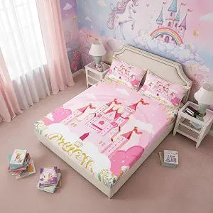 Manfei Princess Theme Fitted Sheet Twin Size,Pink Castle Dreamy Bedding Set with Deep Pocket for Home Bedroom Decor,Flowers Garden Fairy Tale Bed Cover Soft Bed Sheet with 1 Pillowcase,No Top Sheet