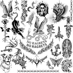 Large Black Old School Temporary Tattoos for Women Men& Adult, 300+PCS Traditional American Retro Styles Half Arm/DIY Free Combination Waterproof Classic Fake Tattoos