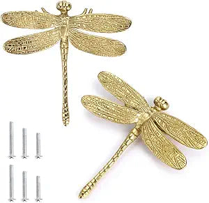 JUXYES Unique Gold Dragonfly Handle Pulls Knobs for Cabinets and Drawers
