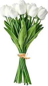Mikasa Artificial White Tulip Bouquet, 13 Inch Faux Floral Stems with Realistic Soft-Touch Petals, Shapeable Wire Stems for Home Decor Vase Arrangements, Set of 20